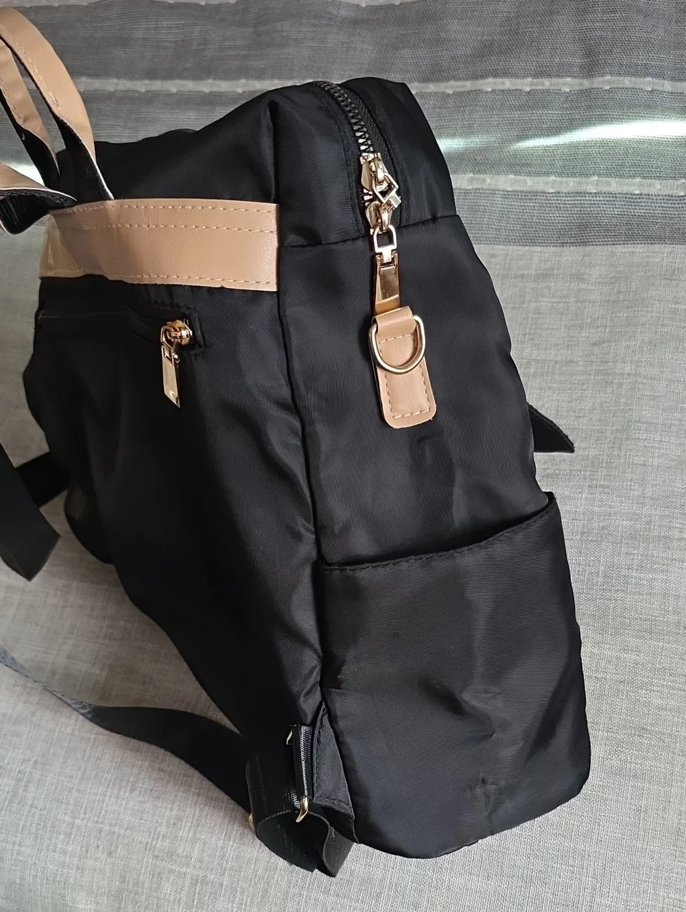 Black Women’s Nylon Backpack Handbag with Gold Accents
